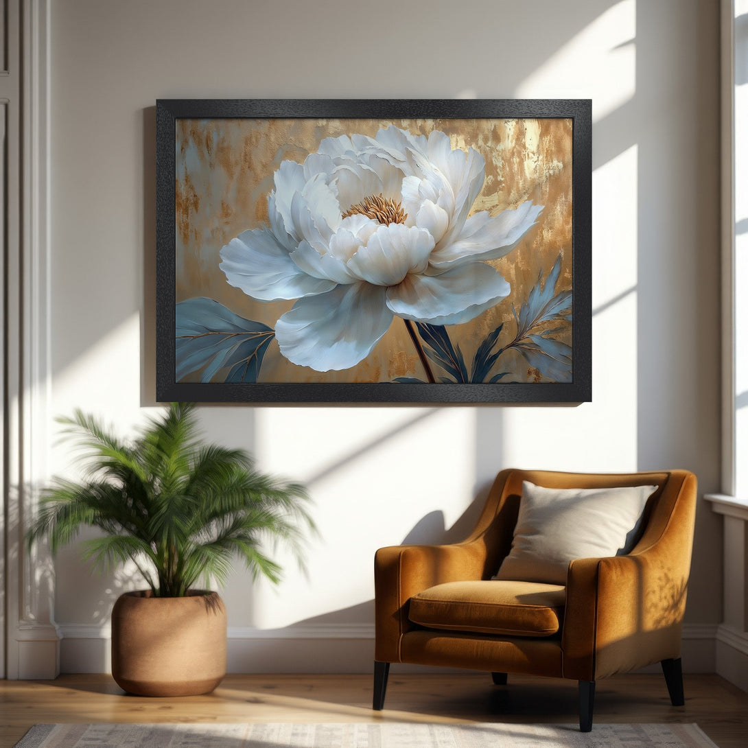 Framed Poster featuring a white peony flower art print. Elegant style with gold, white, and blue hues. Perfect wall decor!