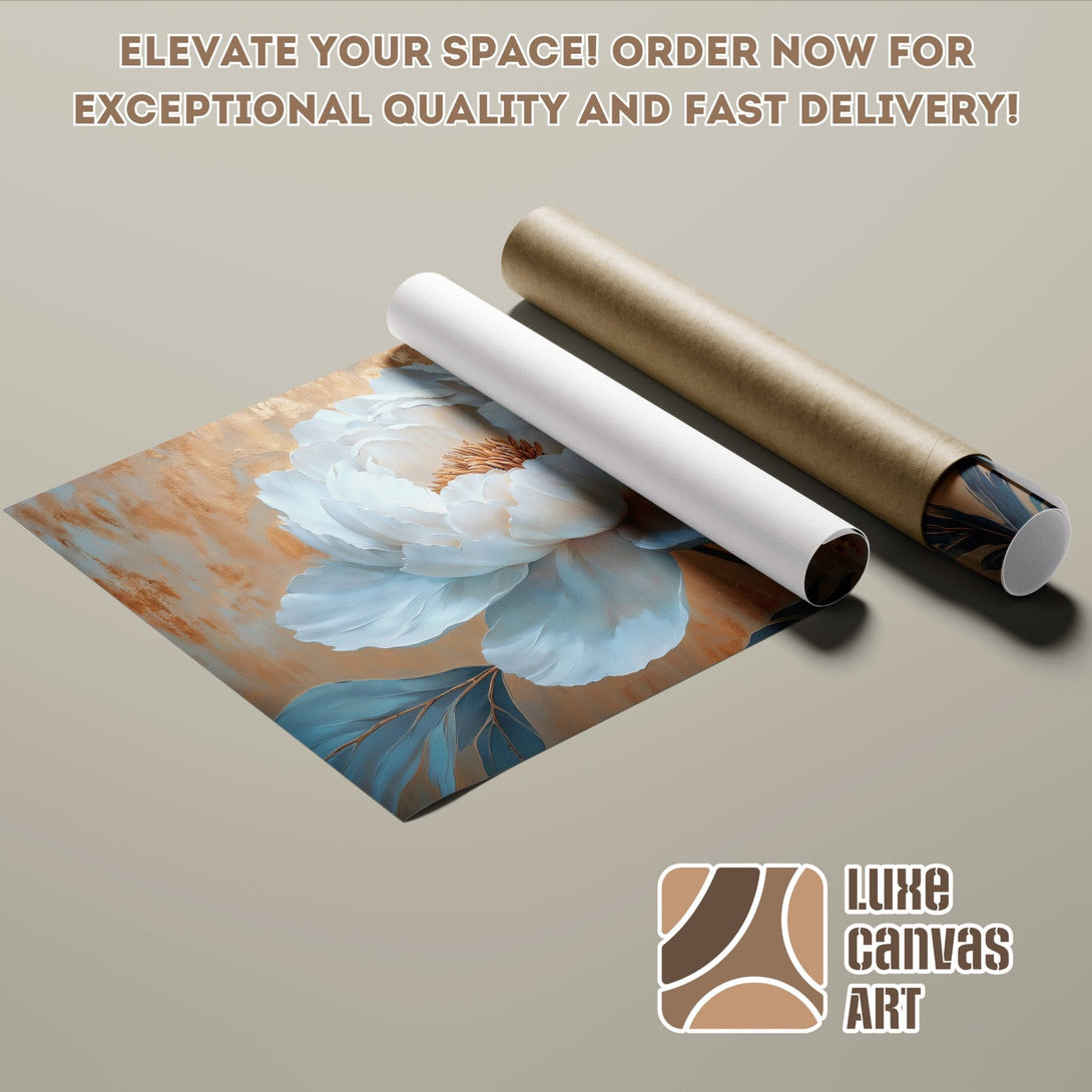 Floral art Poster Roll in blue, gold, and white. Elevate your space with Luxe Canvas Art.