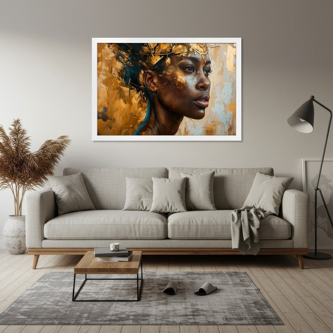 Framed Poster featuring a woman with gold accents, abstract art style, warm gold and blue color palette. Elevate your space!