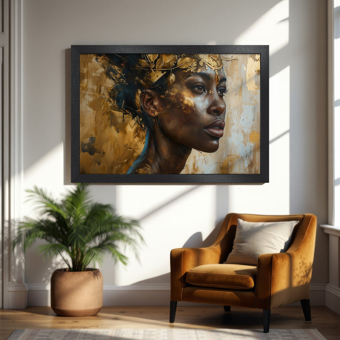 Framed Poster featuring a beautiful woman in an abstract, gold-toned style. Perfect wall art for a touch of elegance.