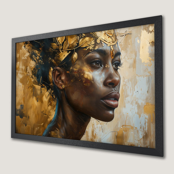 Framed Poster: Stunning portrait art of a woman with gold accents. Rich gold and brown color palette, perfect for home decor.