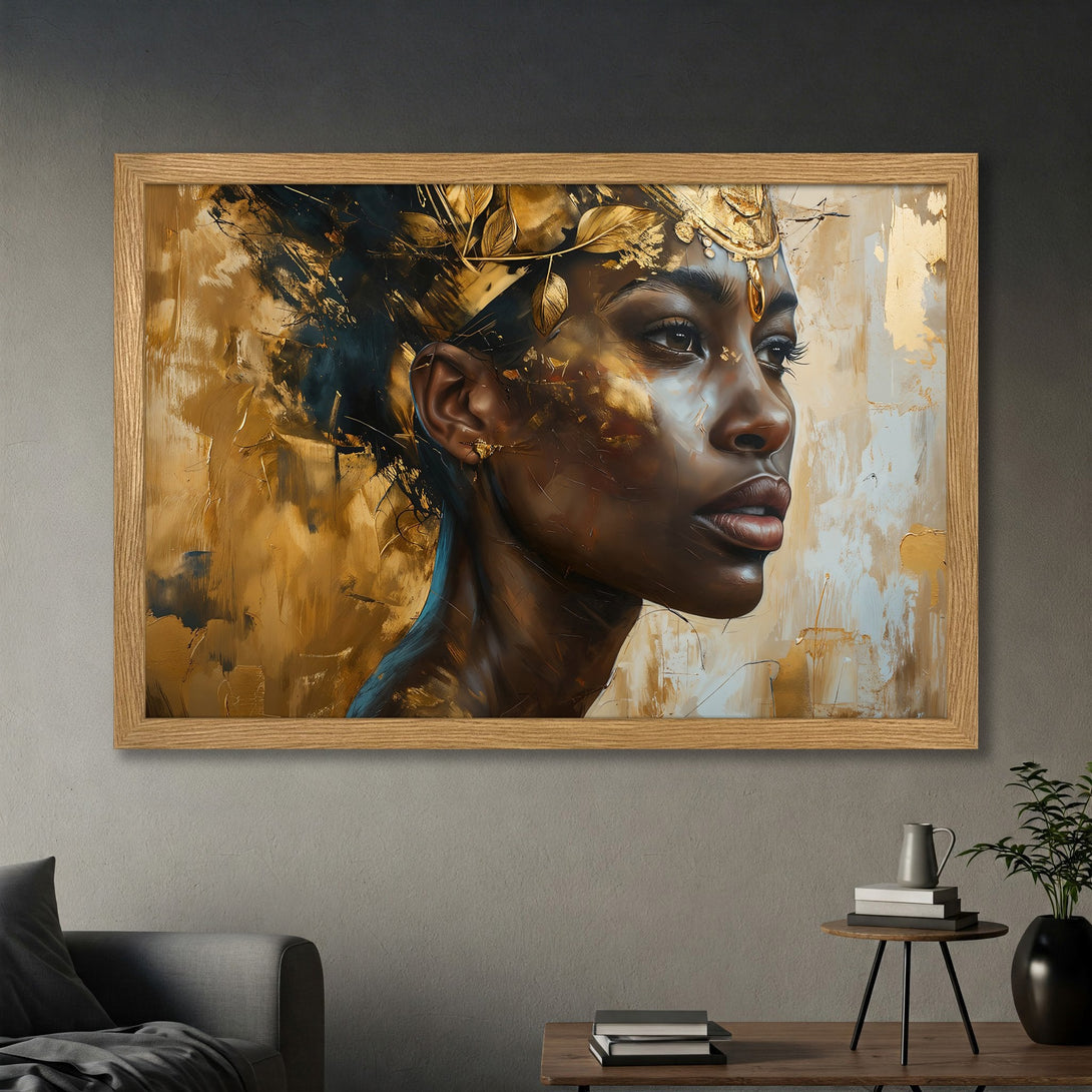 Framed Poster featuring a stunning Black woman portrait in a gold and brown abstract style. Perfect wall art for any room.