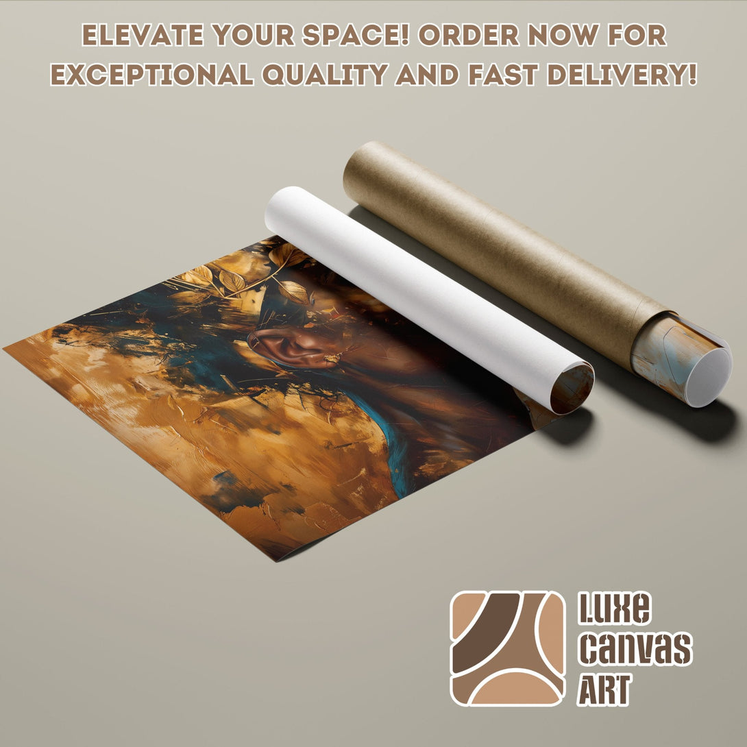 Abstract art poster roll featuring a woman, warm gold & teal palette. Elevate your space!