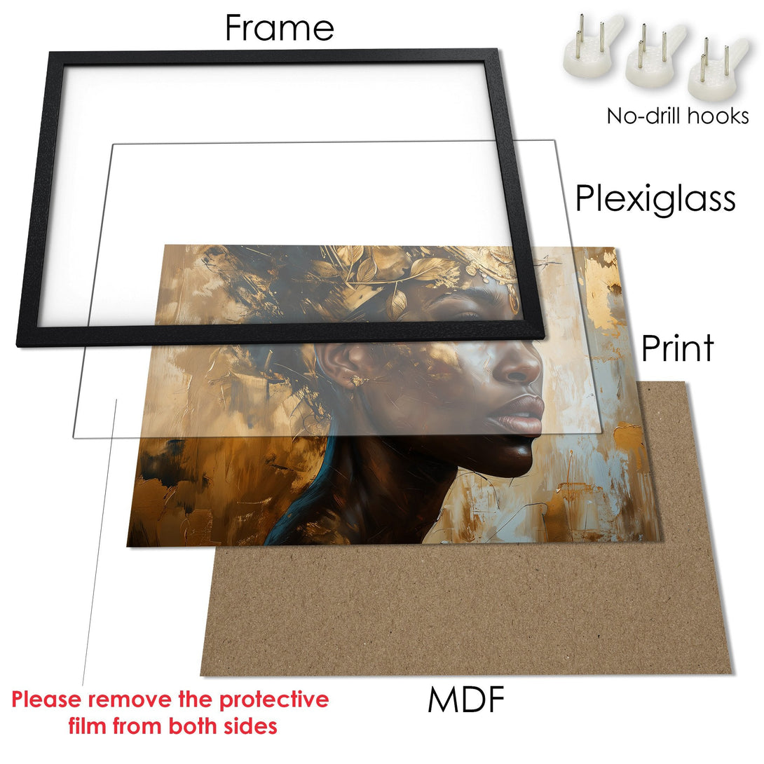 Framed Poster featuring a woman's portrait in an abstract style with gold and neutral tones. Elevate your space with this art print!