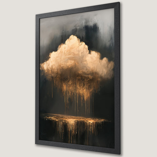 Framed Poster featuring an abstract cloudscape in gold and black, perfect for adding a touch of modern art to your space.