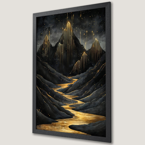 Framed Poster: Abstract mountain landscape art print in black & gold. Modern wall decor for home or office.