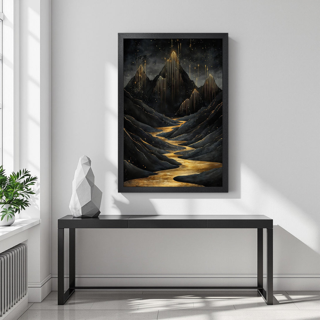 Framed Poster featuring a mountain landscape in a modern style with a black and gold color palette. Perfect wall art!