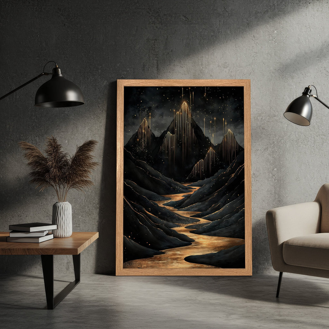Framed Poster featuring a mountain landscape in a dark, artistic style with gold accents. Perfect wall art for modern decor.