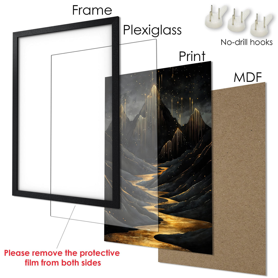 Framed Poster featuring a mountain landscape art print in a black frame, with gold and black color palette. Ready to hang!