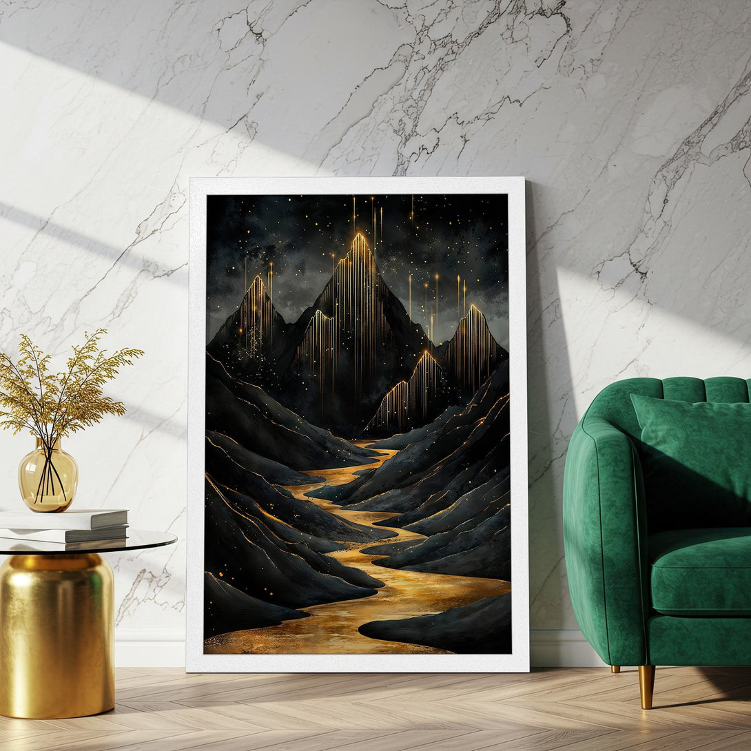 Framed Poster featuring a mountain landscape in a dark, artistic style. Gold and black color palette, perfect for modern decor.