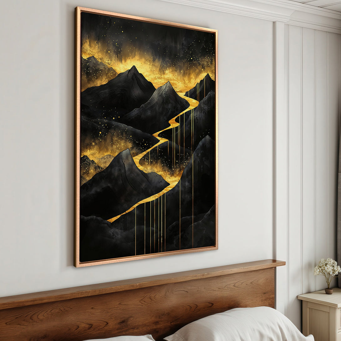 Framed Wall Art: Abstract mountain landscape in black and gold. Modern canvas print with a luxurious, minimalist style. Perfect for bedroom decor.