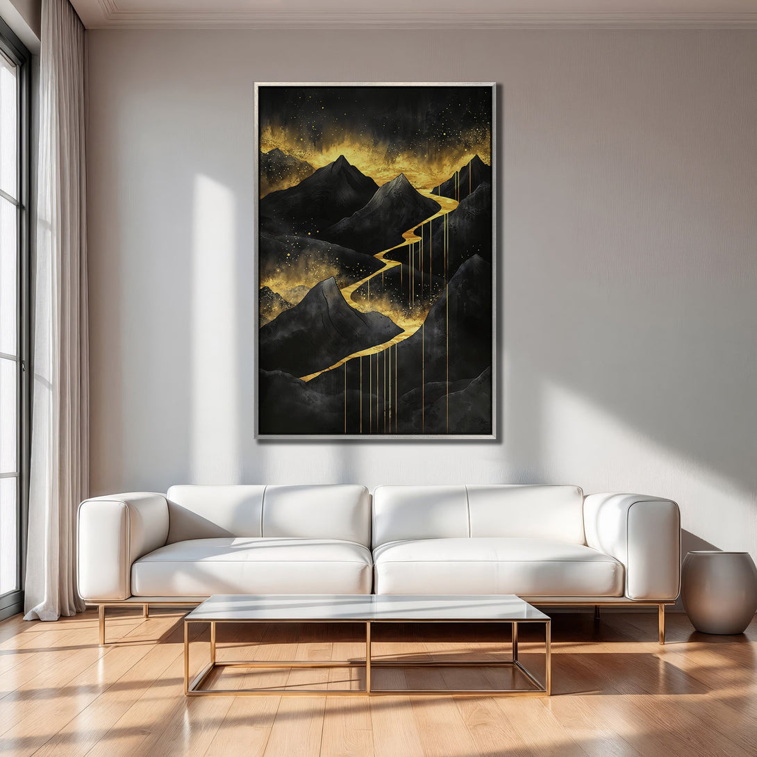 Framed Wall Art: Abstract mountain landscape in black and gold. Modern art Canvas Print with a luxurious, warm color palette.