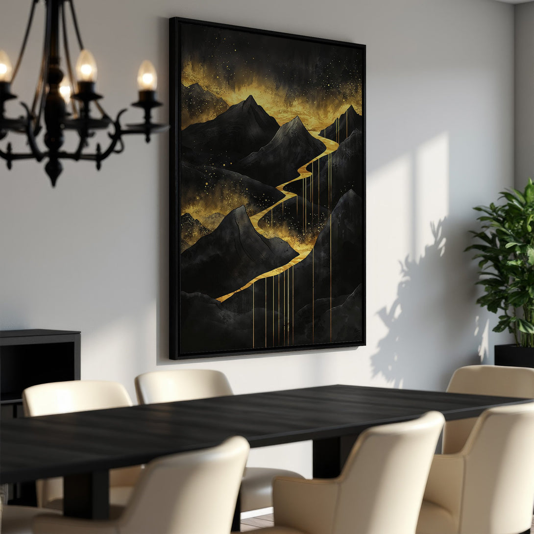 Framed Wall Art: Black mountain landscape Canvas Print with gold accents. Modern abstract art in a dining room setting. Dramatic black and gold color palette.