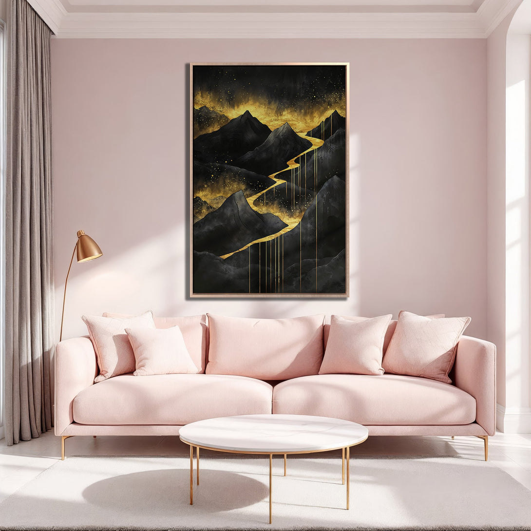 Framed Wall Art: Abstract mountain landscape in black & gold tones. Modern art print adds elegance to any interior. Perfect for living rooms.