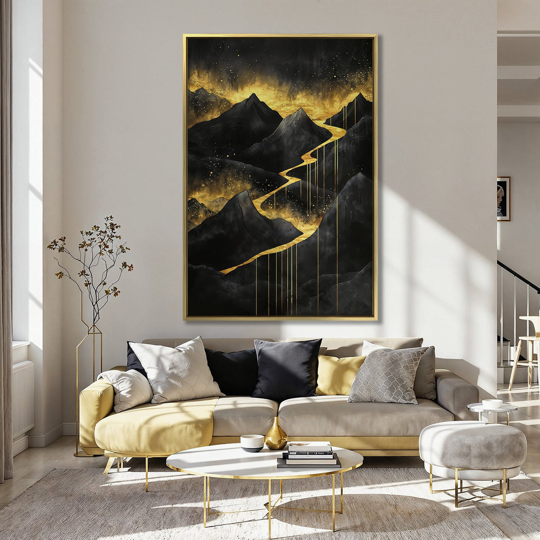 Canvas Print of abstract mountain landscape in black and gold, perfect for modern decor. Adds a touch of elegance to any room.