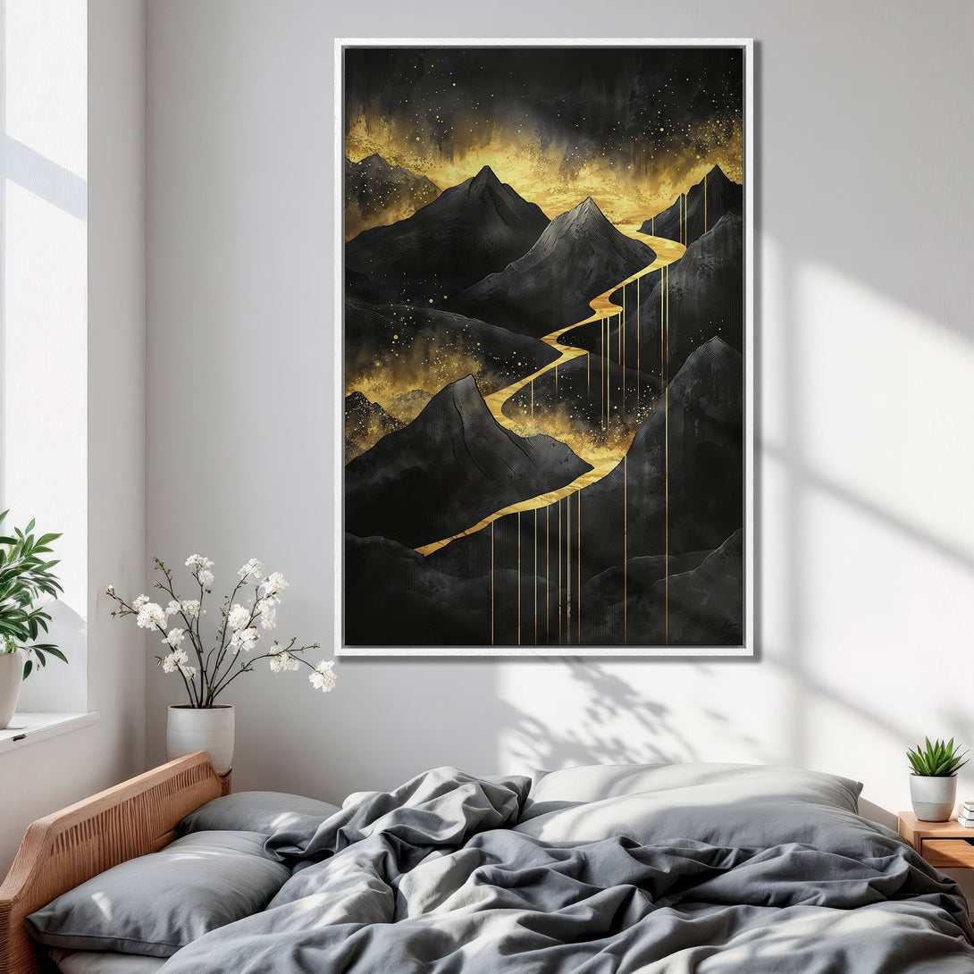 Framed Wall Art: Abstract mountain landscape in black and gold. Modern canvas print adds a touch of luxury to any bedroom or living space.