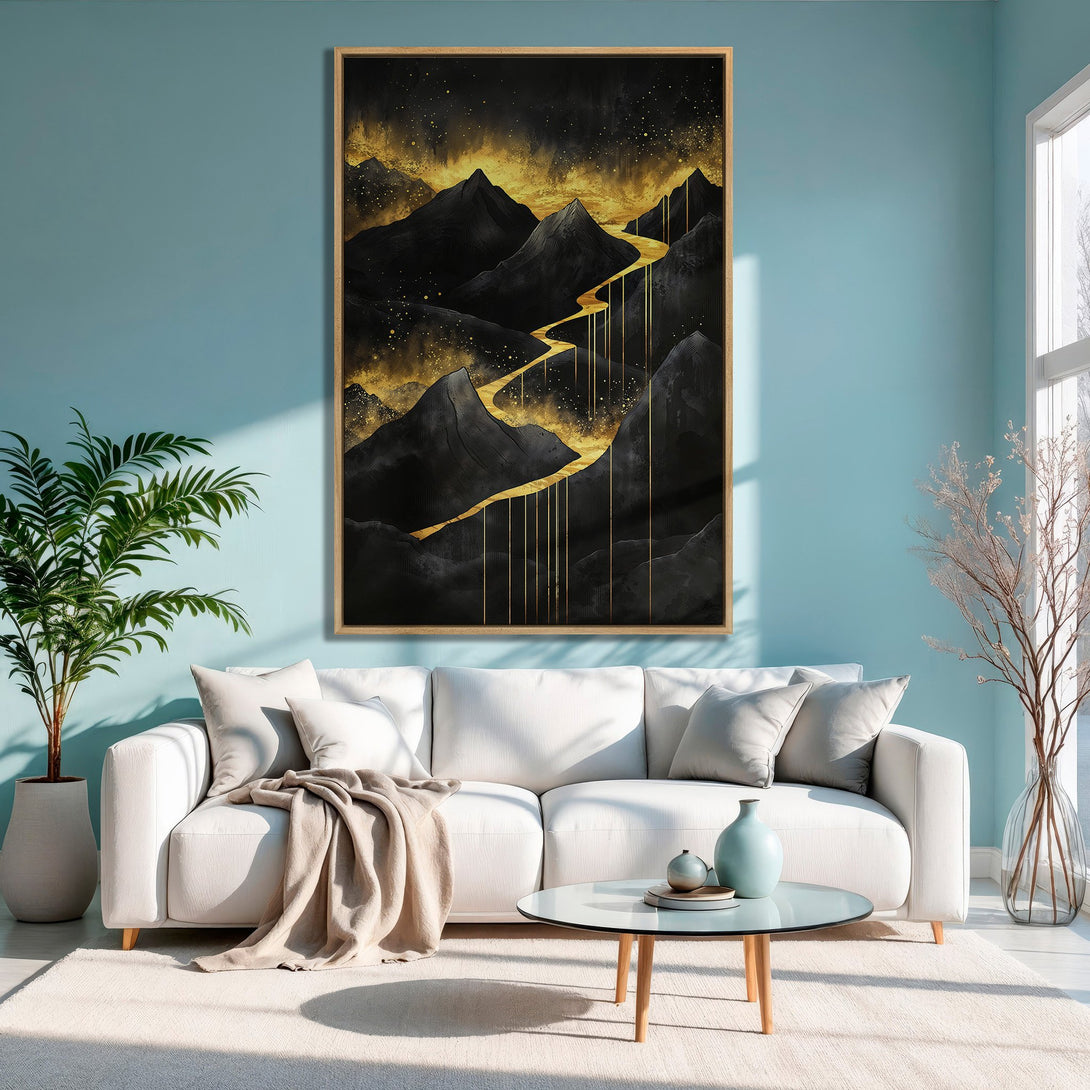 Framed Wall Art featuring a stunning mountain landscape in black and gold tones. Modern art piece adds elegance to any interior.