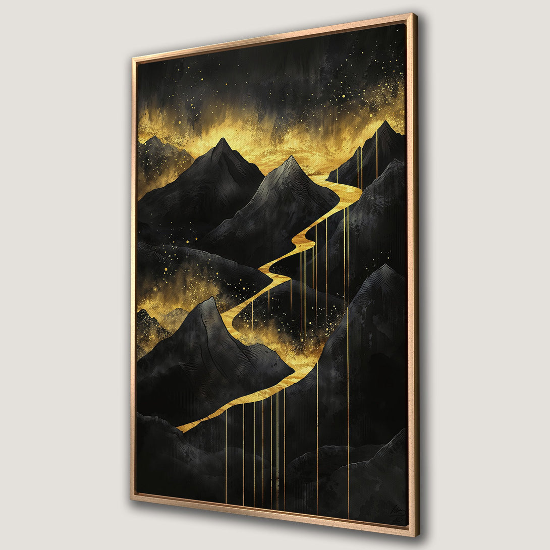 Framed Wall Art of black mountains with a gold river. Modern abstract art with a dramatic black and gold color palette. Canvas Print for home decor.