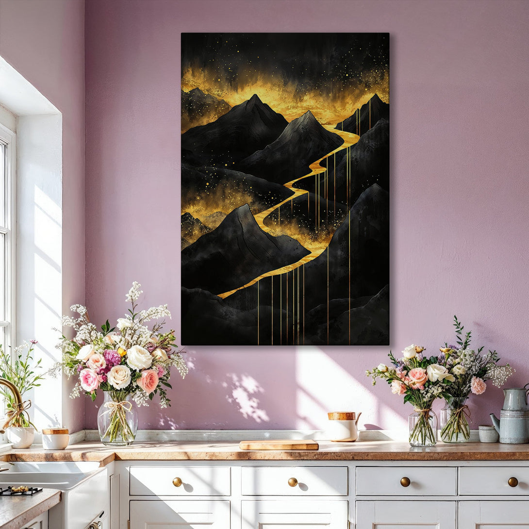 Framed Wall Art: Abstract mountain landscape in black and gold. Modern art canvas print adds a touch of elegance to any interior with its rich color palette.