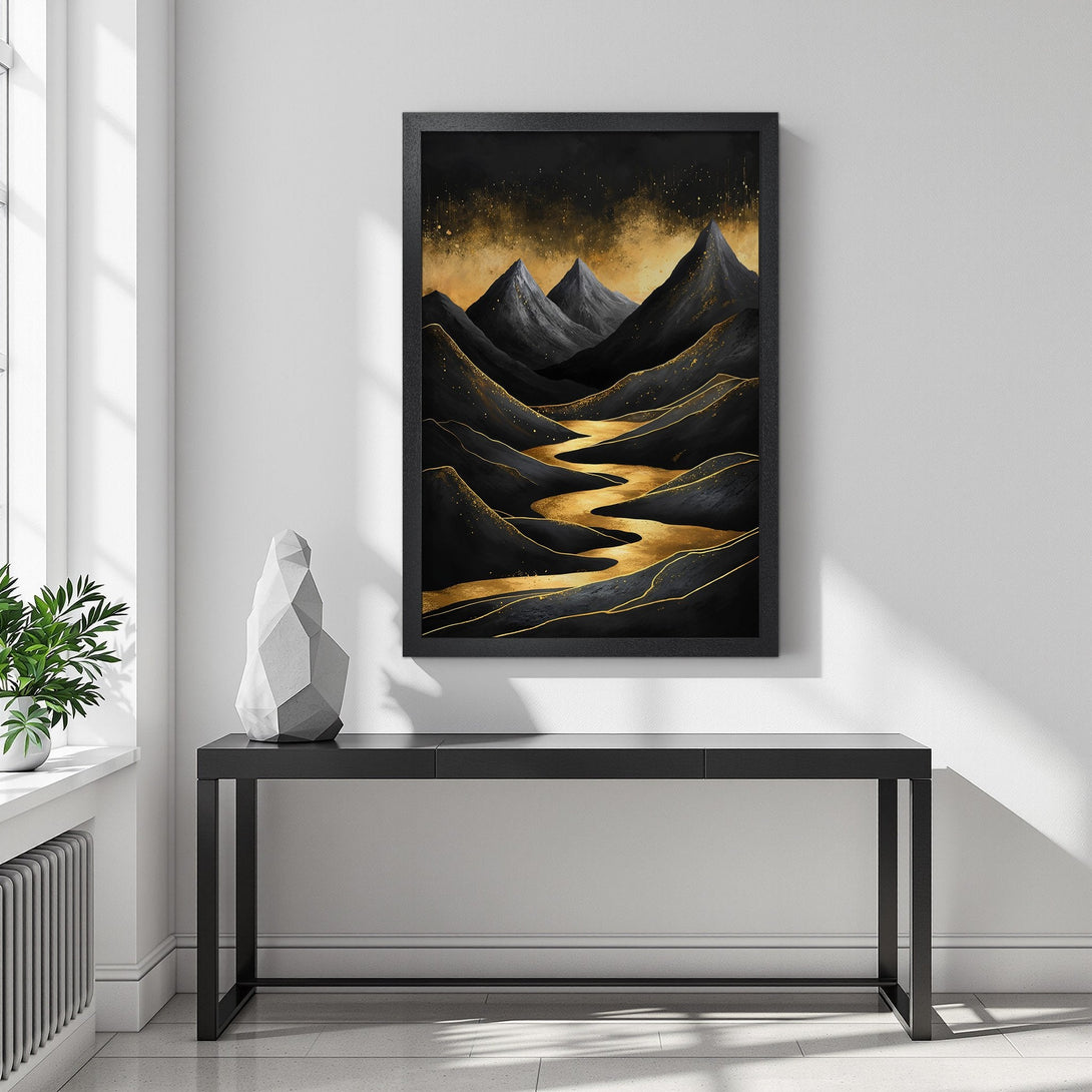 Framed Poster of abstract mountain landscape in black, gold, and gray tones. Modern art print for home decor.