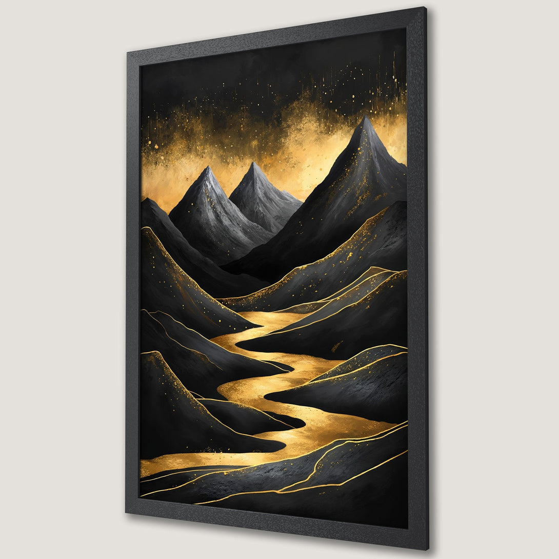 Framed Poster featuring a black and gold mountain landscape art print. Modern style with a luxurious color palette for home decor.