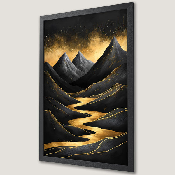 Framed Poster featuring a black and gold mountain landscape art print. Modern style with a luxurious color palette for home decor.