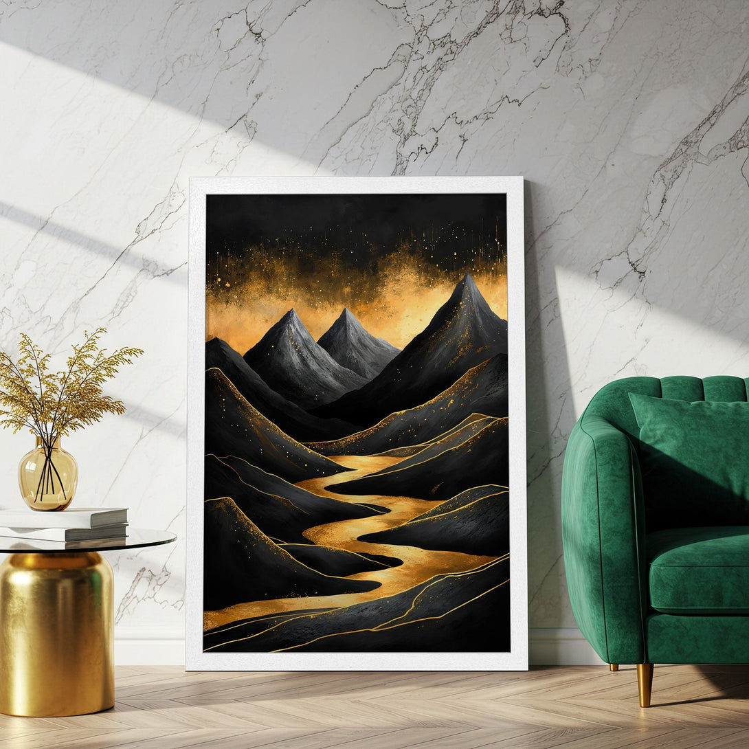 Framed Poster featuring a mountain landscape in black, gold, and gray tones. Modern art style, perfect for home decor.