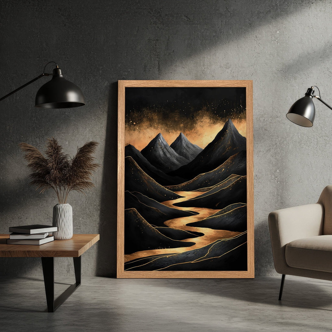 Framed Poster featuring a mountain landscape in a modern style with a black and gold color palette. Perfect wall art!