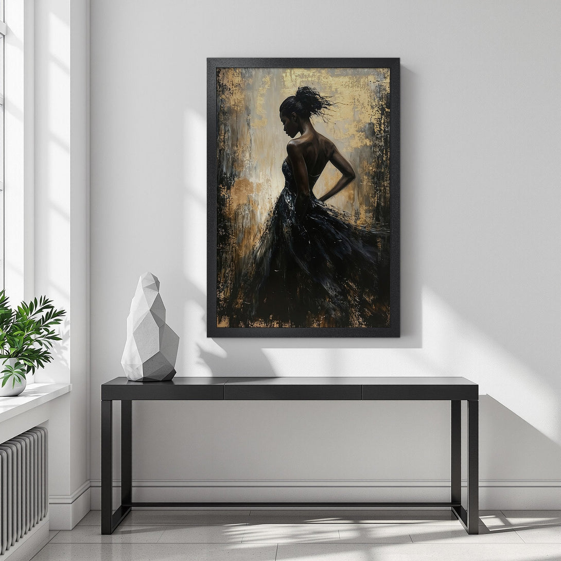 Framed Poster featuring a woman in a black dress. Abstract art style with gold and black color palette. Perfect wall decor.