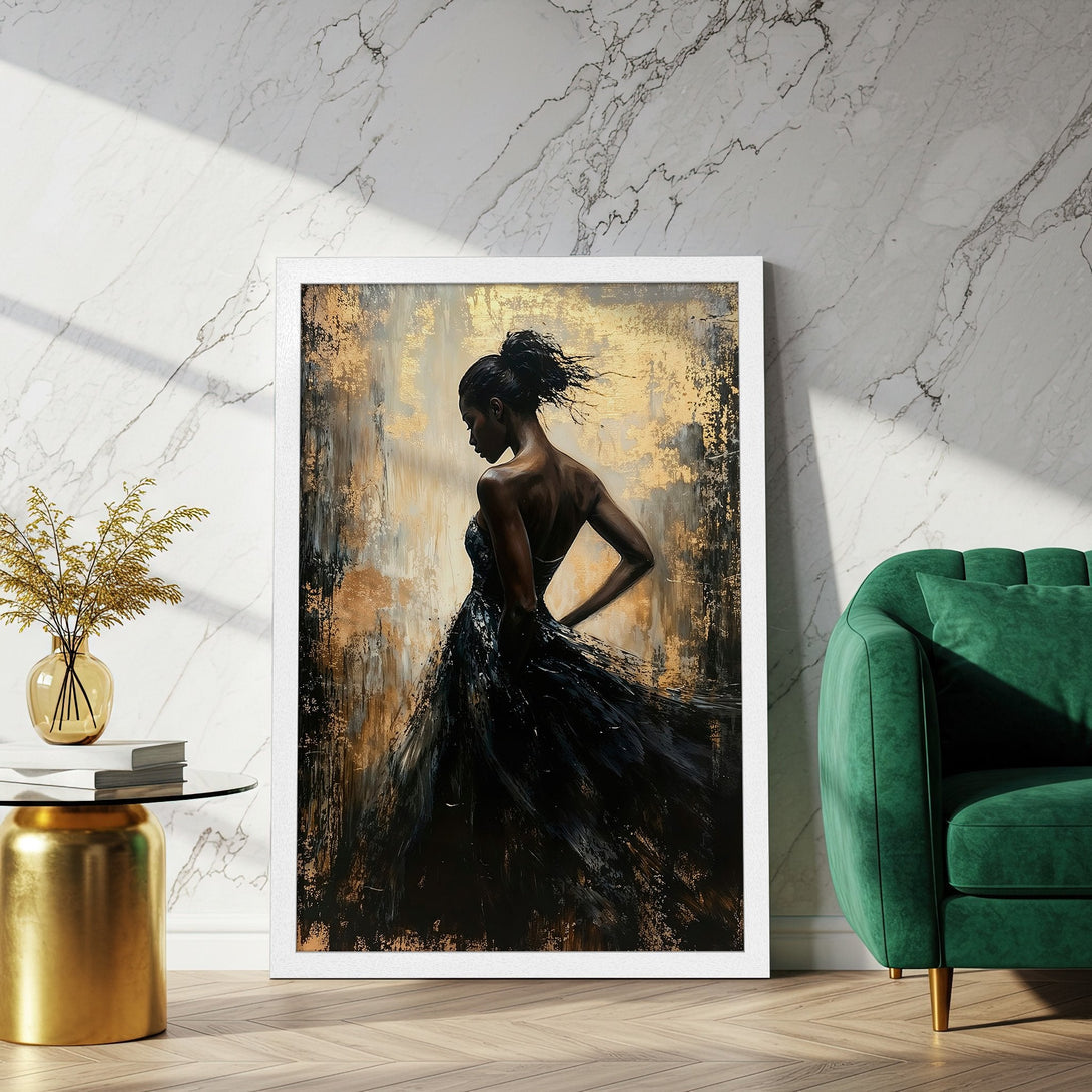 Framed Poster of elegant woman in black dress, abstract style, gold & black palette. Perfect wall art!