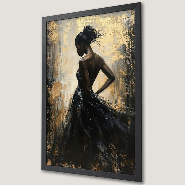 Framed Poster: Elegant woman in black dress, abstract art style, gold & black color palette. Perfect wall decor.
