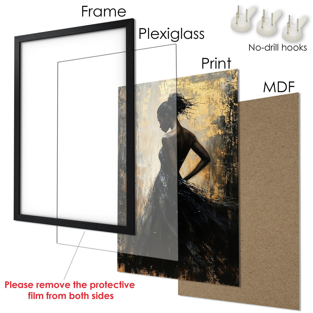 Framed Poster featuring a woman in a black dress, artistic style, gold and black color palette. Perfect wall art for your home.