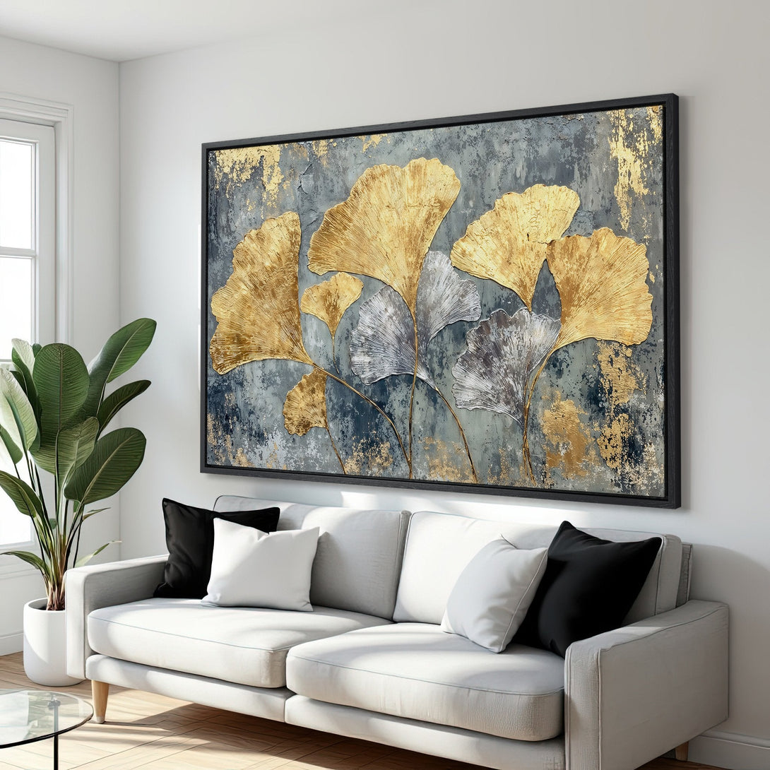 Framed Wall Art: Abstract gold leaf ginkgo canvas print. Modern art with a gray and gold color palette, perfect for living room decor.