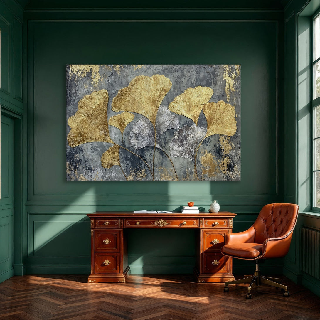 Framed Wall Art: Gold leaf ginkgo design in a modern dining room. Features a grey and gold color palette, perfect for elegant decor.