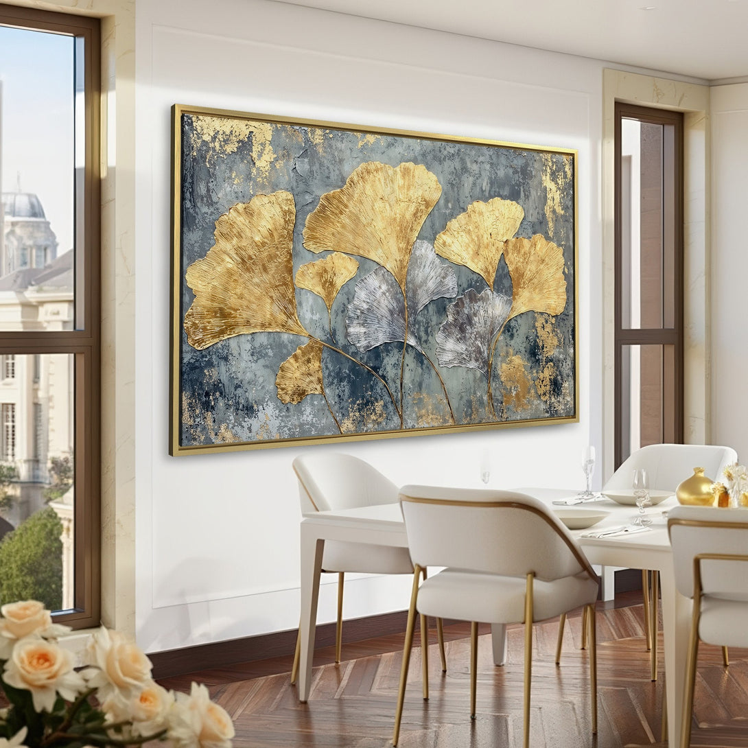 Canvas Print of gold ginkgo leaves on a textured gray background. Adds elegance to any room. Perfect for modern or classic decor.