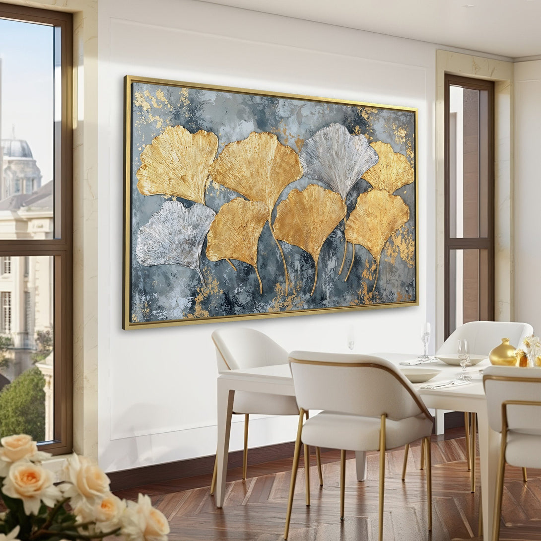 Canvas Print of gold and silver ginkgo leaves on a gray background. Modern wall art with a luxurious, metallic color palette.