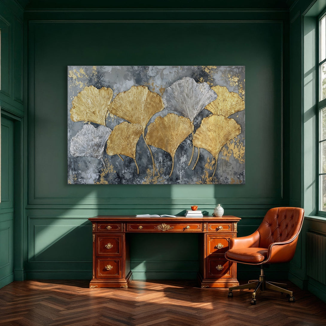 Framed Wall Art featuring gold and silver ginkgo leaves on a textured gray background. Modern abstract art perfect for dining room decor.