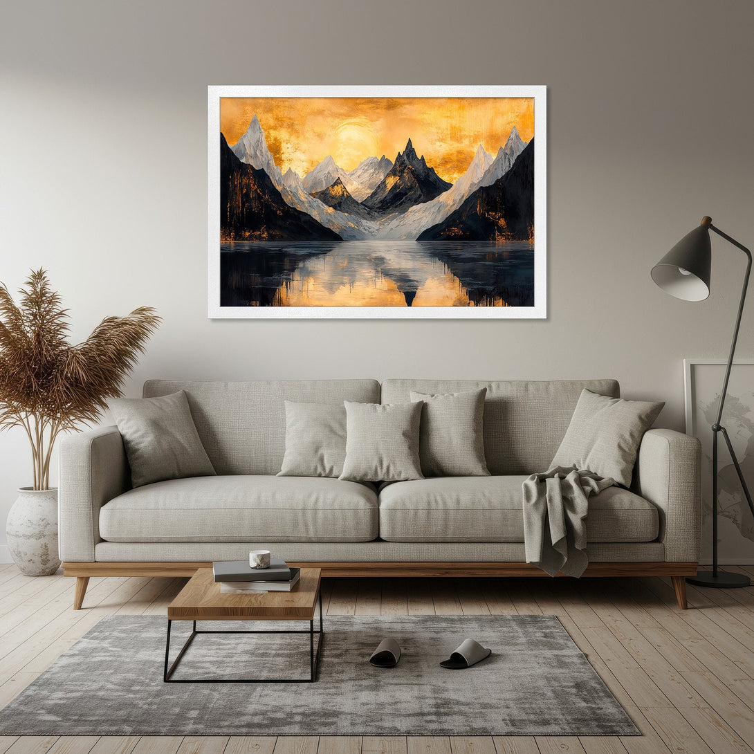 Framed Poster of mountain landscape art in gold, black, and white. Perfect for modern home decor.