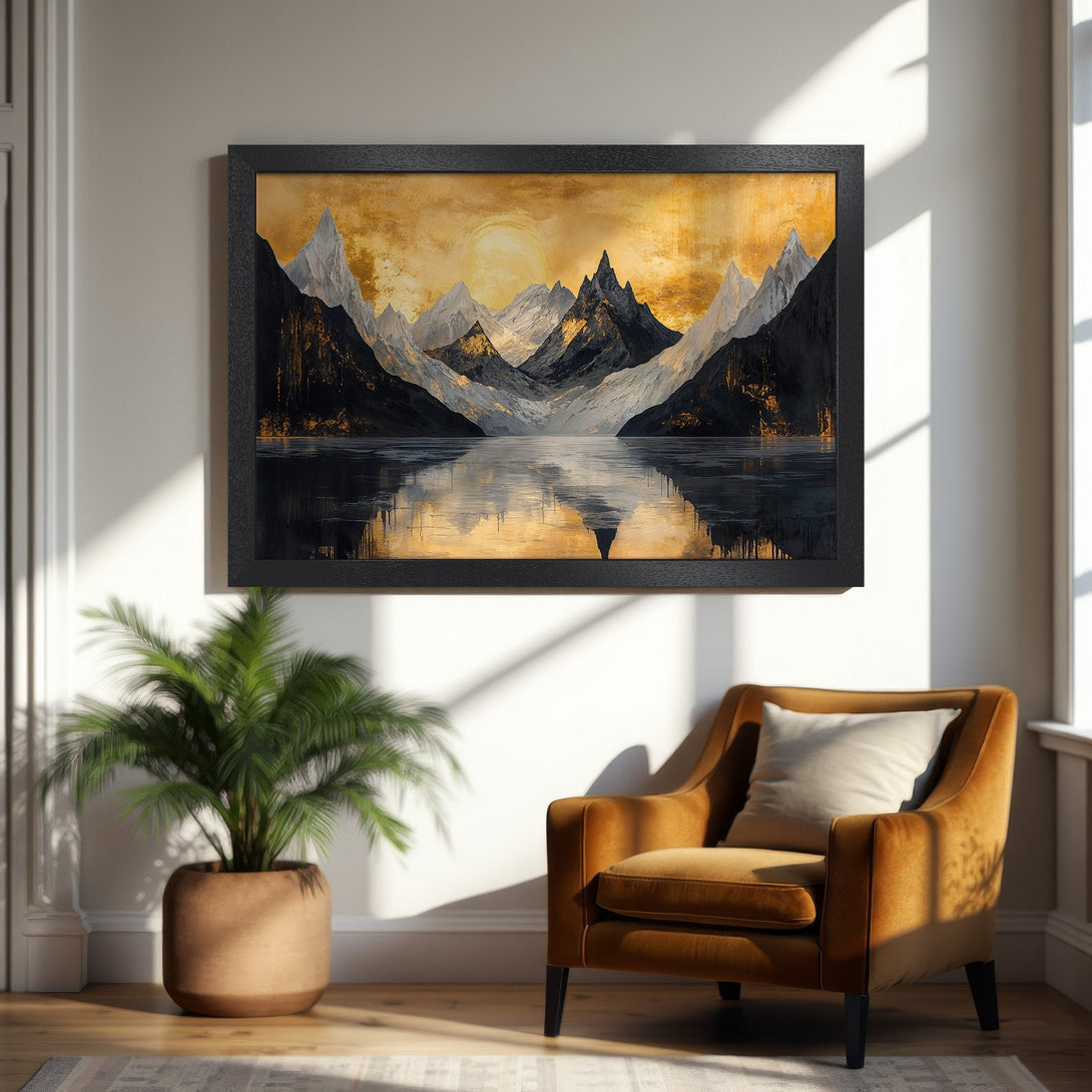Framed Poster featuring a stunning mountain landscape art print in gold and black tones. Perfect wall decor for any room.