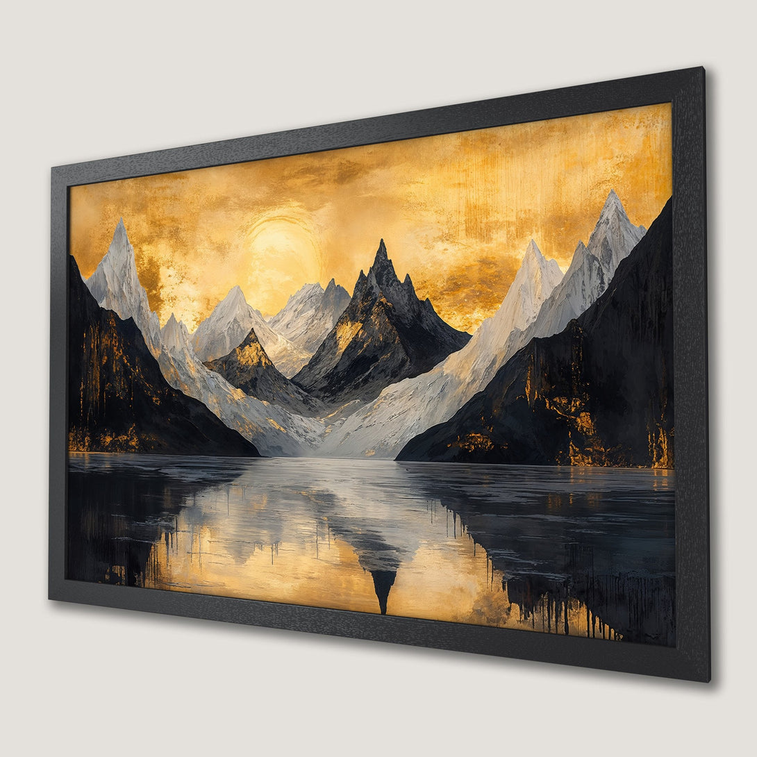 Framed Poster of majestic mountains with golden sky. Artistic style, black, gold, and white color palette.