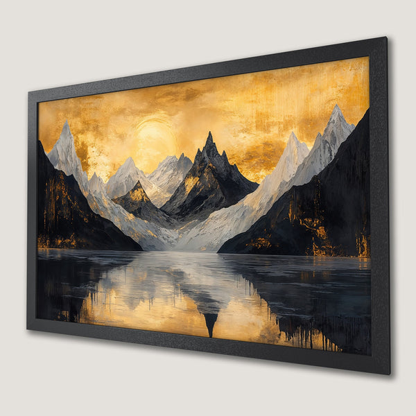Framed Poster of majestic mountains with golden sky. Artistic style, black, gold, and white color palette.