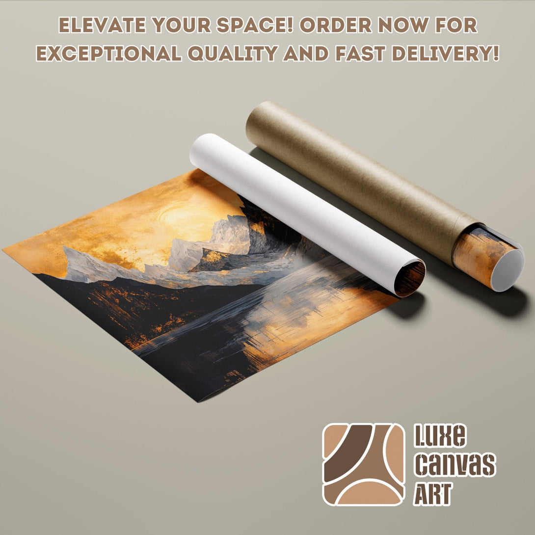 Abstract landscape poster roll in warm gold and black tones. Elevate your space!