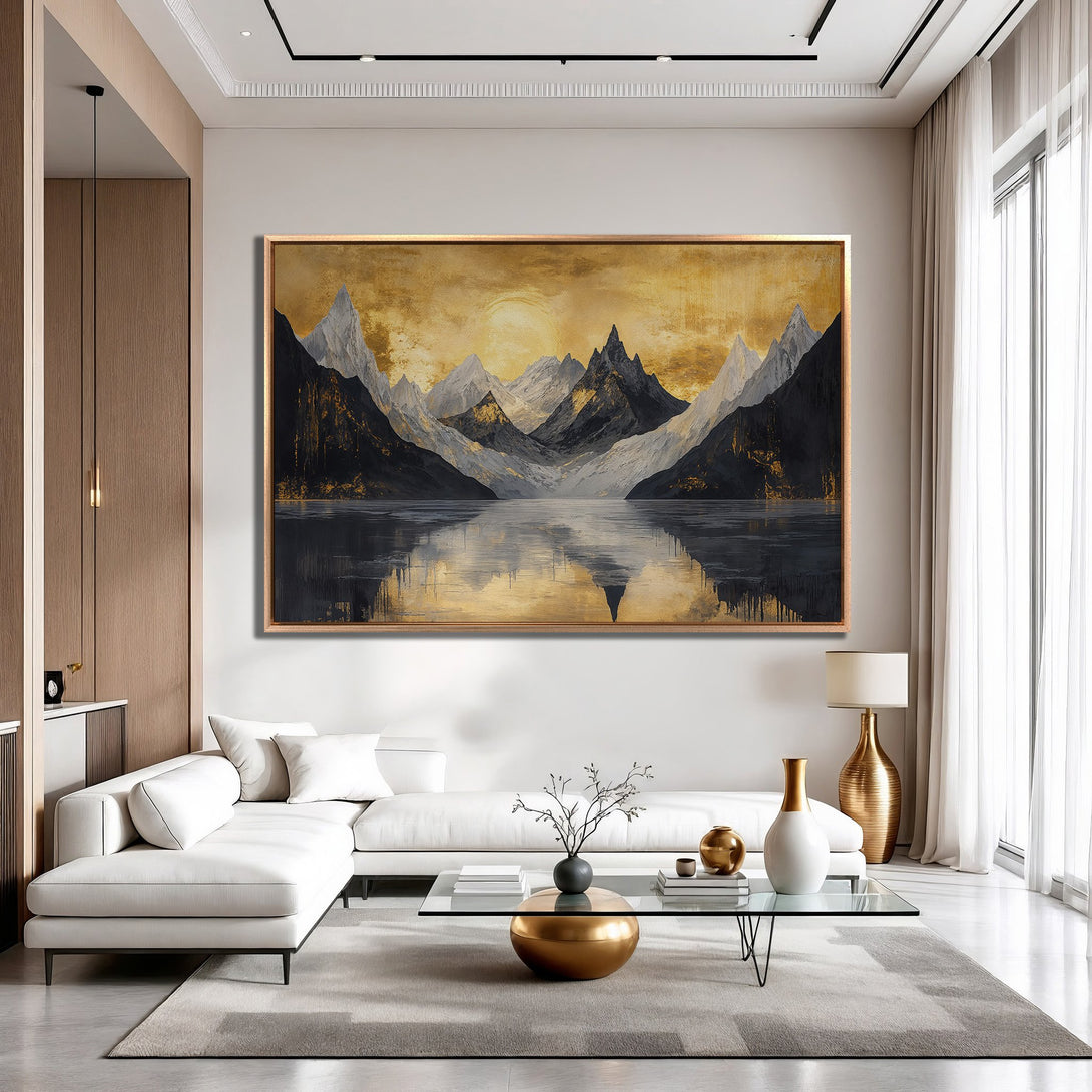 Framed Wall Art: Abstract mountain landscape in gold, black, and gray. Modern art canvas print adds luxury to any interior.