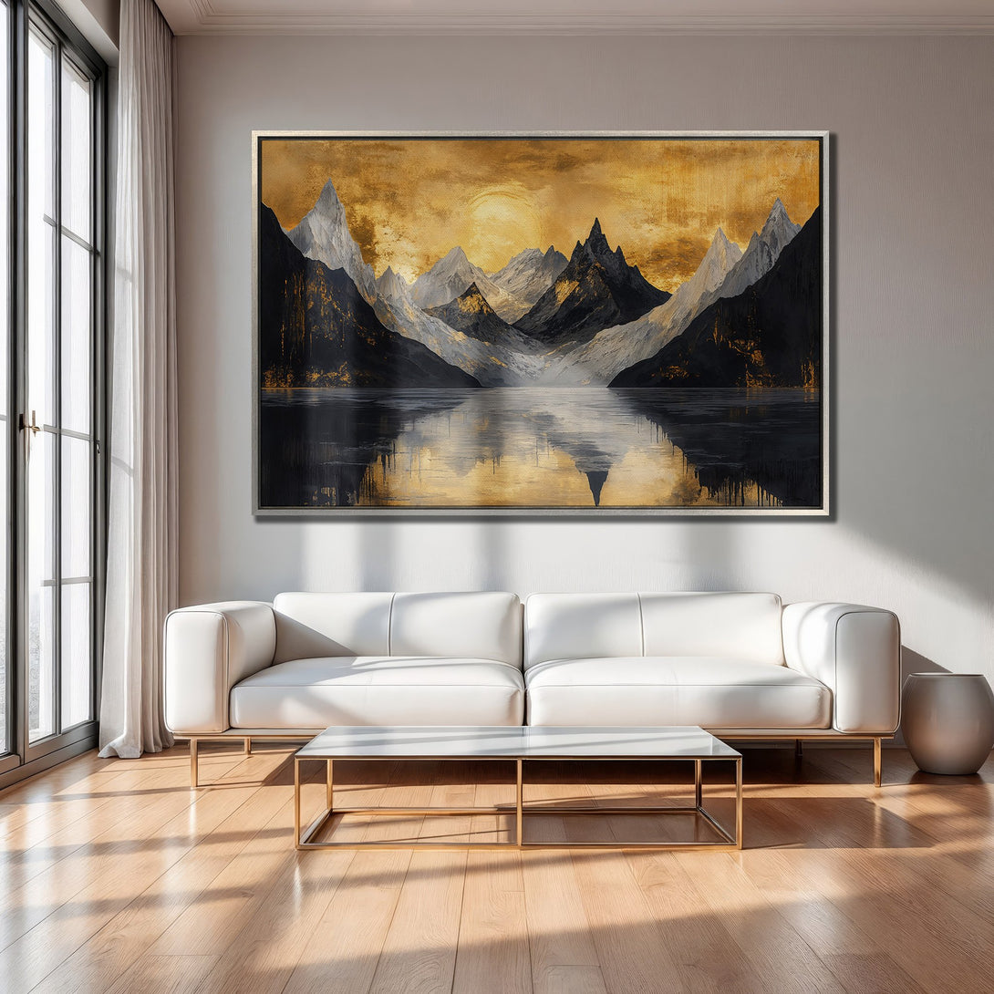 Framed Wall Art: Abstract mountain landscape in gold, black, and gray tones. Modern Canvas Print adds elegance to any living room.
