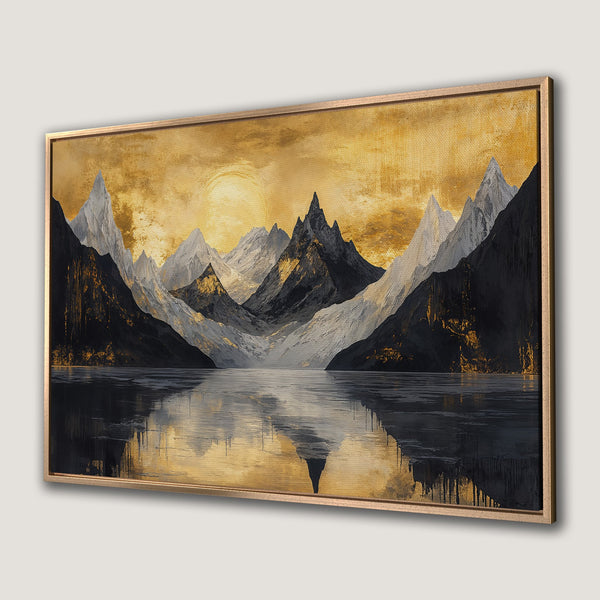 Framed Wall Art: Abstract mountain landscape in gold, black, and gray. Modern canvas print for a stylish home.