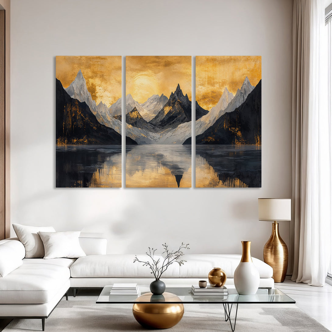Canvas Print of a mountain landscape with gold and black tones, perfect for modern interior decor.