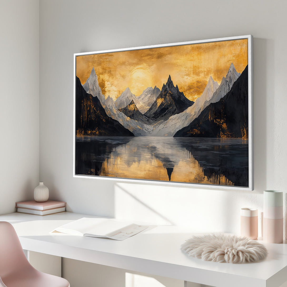 Framed Wall Art: Abstract mountain landscape Canvas Print in gold and black. Modern art for your home decor.