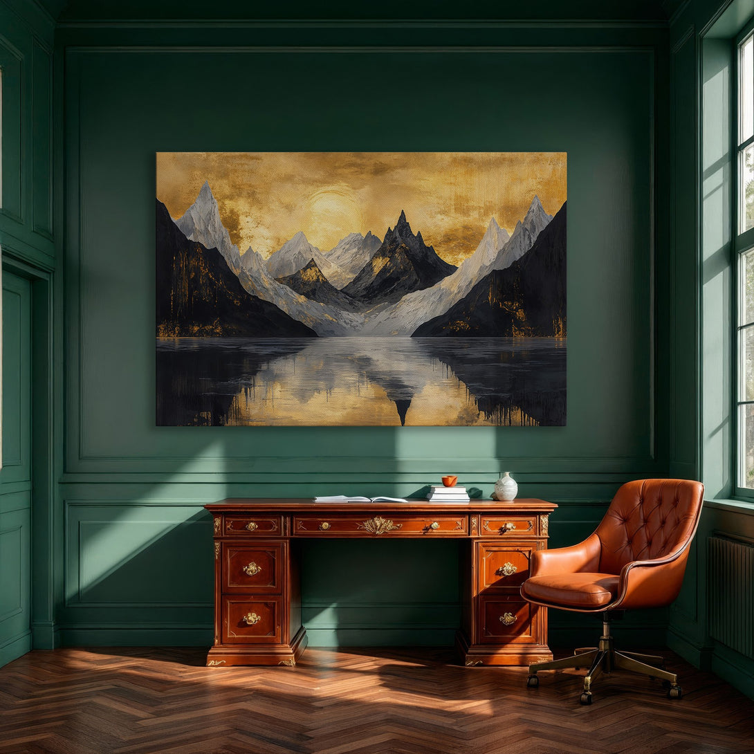 Framed Wall Art featuring a mountain landscape in gold, black, and gray tones. Modern art canvas print perfect for dining room decor.
