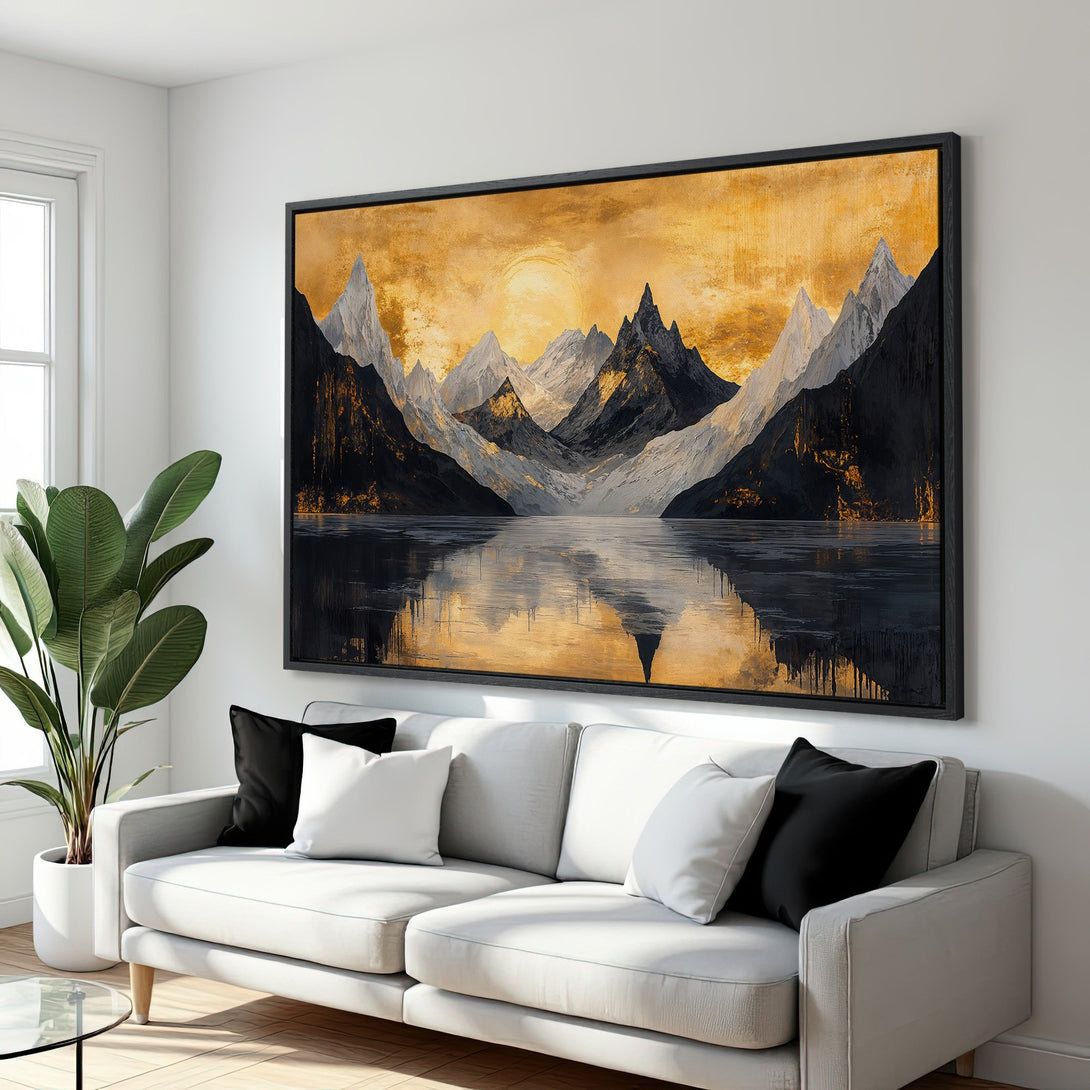 Framed Wall Art: Abstract mountain landscape Canvas Print in gold, black, and white. Modern art for your home decor.