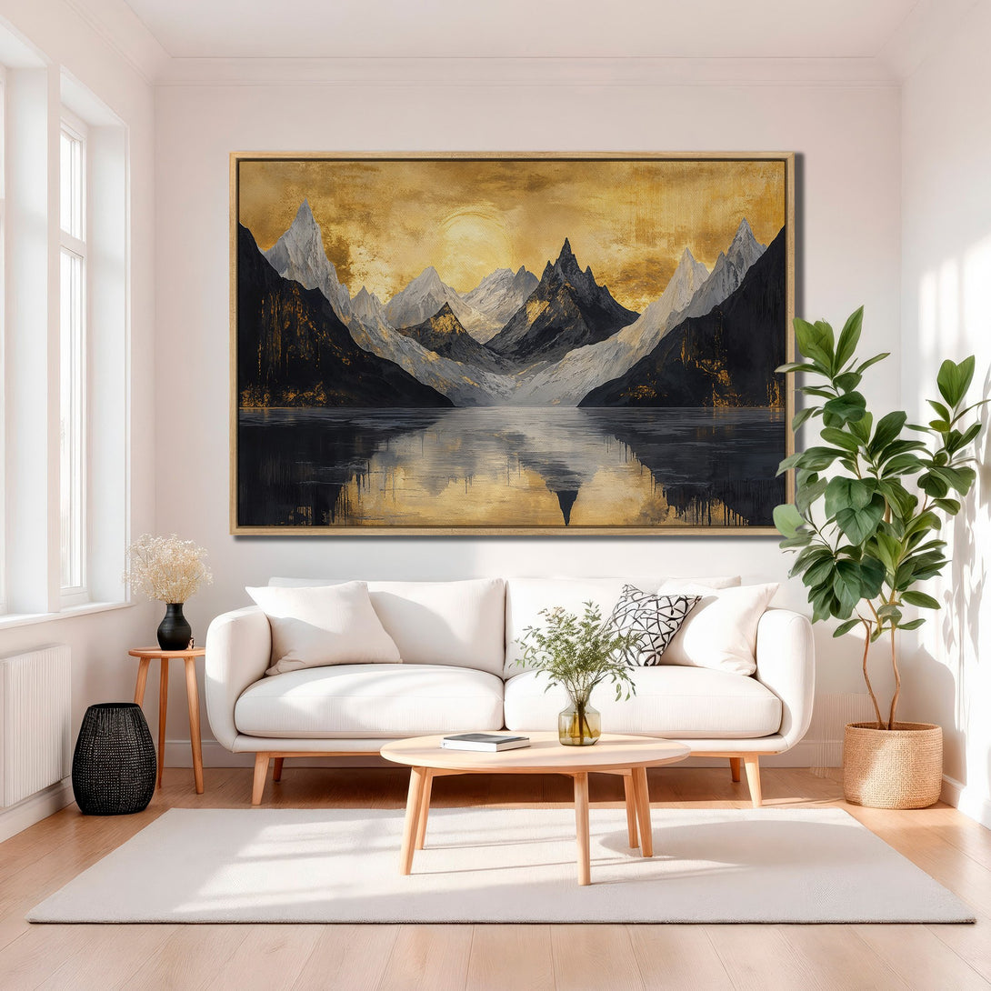 Framed Wall Art: Abstract mountain landscape Canvas Print in gold, black, and gray. Modern art for living room decor.